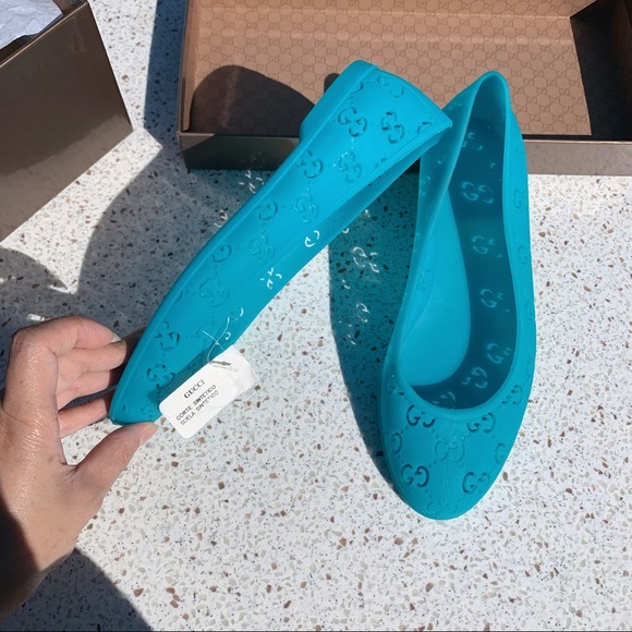 NIB Authentic Gucci Laser-cut GG Web Jelly Rubber Slipper Flats Blue 5 - Picture 6 of 7